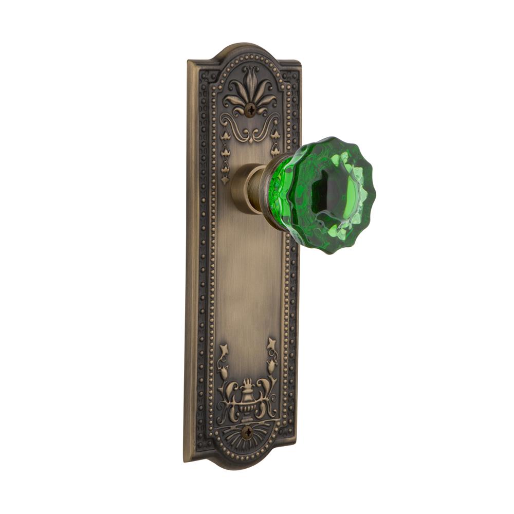 Nostalgic Warehouse MEACRE Colored Crystal Meadows Plate Passage Crystal Emerald Glass Door Knob in Antique Brass